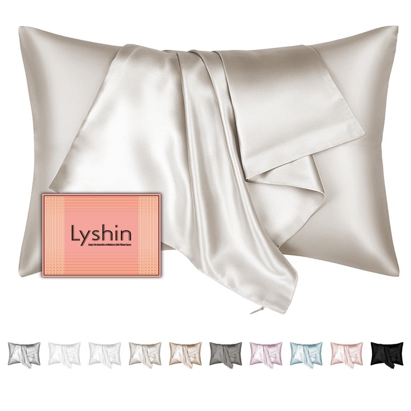 LYSHIN Mulberry Silk Pillow Cases Standard Size with Hidden Zipper  Ultra Smooth and Soft Breathable Cooling Silk Satin Pillowcase for Hair and Skin  Gifts for Women Men (Beige  20x26 Inches  1 Pack) - Image 1
